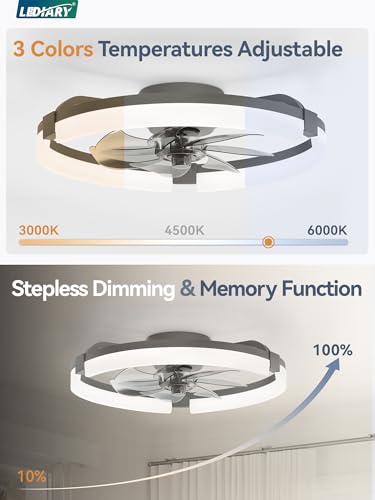 Image of LEDIARY 20 inch Ceiling Fans with Lights and Remote, Modern Low Profile Ceiling Fan, 3 CCT, Stepless Dimmable, Fandelier Flush Mount Fan Light, 6 Speeds, DC Motor, App & Remote Control for Bedroom(Gray)