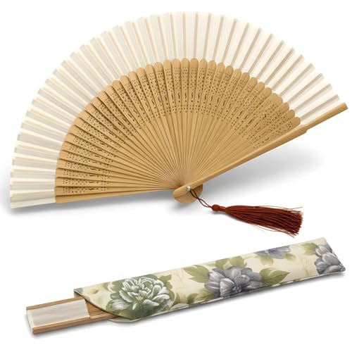 Lysa Hand Fan for Women Foldable - Portable Folding Japanese Chinese Fan - for Hot Flashes Summer Cooling Festivals Church Dancing (Bamboo White)