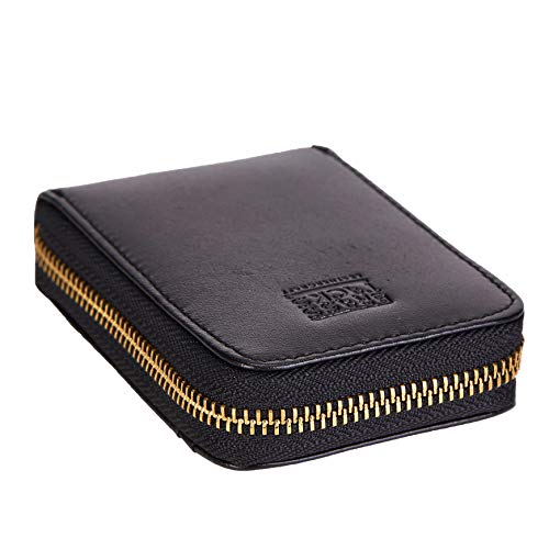 Image of Vintage Handmade Full Leather Front Pocket Wallet RFID Blocking Multi Card Case with Zipper Pocket for Men Women with Box Packing (Black)