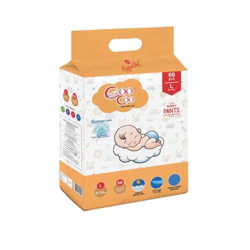 Image of Coo Coo By Mafatlal Extra Dry Baby Pull-Up Premium Diaper Pant, Size L (Large), 66 Count | 9-14 kg | Up to 12 Hrs Protection | Super Absorbent Core | Soft Elastic Waist | Leak Protection