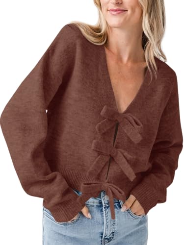 Image of Saodimallsu Womens Bow Sweater Cropped V Neck Long Sleeve Pullover Tops | Soft Cozy Knit, Two-Way Wear Design, Front & Back Bow, Cute Fall Tops 2026, Winter Fashion, Dressy Casual Holiday Outfits