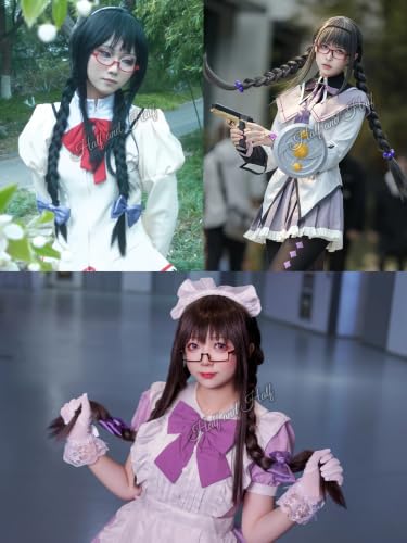Image of Half and Half Homura Akemi Cosplay Wig Long Black Gray Braided Anime Wig with Bangs 35.4'' Black Pigtails Wigs for Women Halloween Party Daily