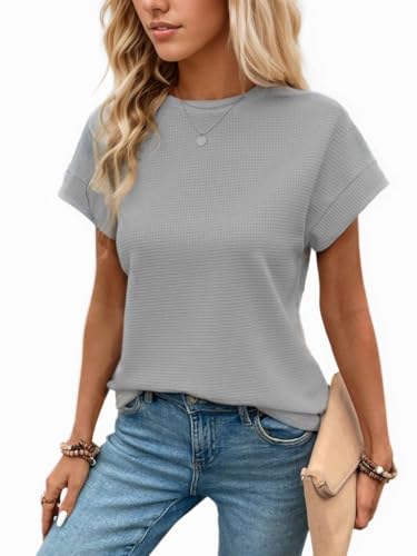 GLEENOD T-Shirt Damen Casual Rundhals Waffelstrick mit tiefer Schulterpartie Tshirt 2025 Frühling Sommer