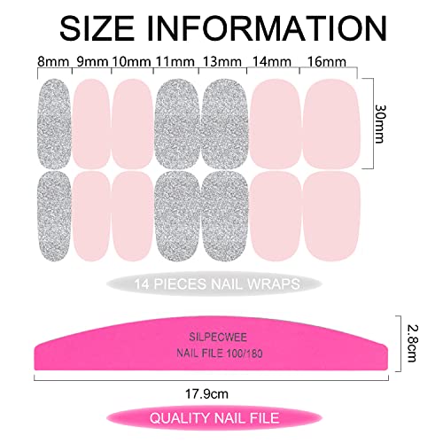 Silpecwee Pink Nail Wraps For Women Nail Polish Strips Solid Color Glitter Self Adhesive Nail Polish Stickers Gel Nail Strips Fingernail Manicure Stickers With 1Pc Nail File (16 Sheets) #TOP2