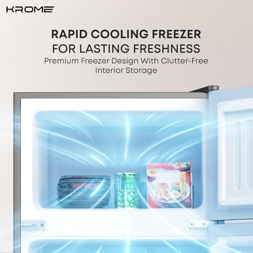 KROME Double Door Refrigerator, 138L Gross / 90L Net Capacity, Direct Cool, Top Mount Freezer, Glass Shelves, Lock & Key, Dark Silver Finish, R600a Refrigerant, KR-RF138DDSG