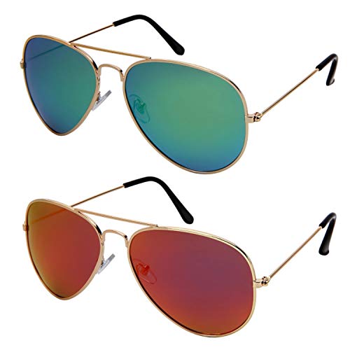 Edge I-Wear Classic Pilot Style Polarized Aviator Sunglasses for Men Women UV400 Protection Mirrored Lens ((Pack of 2) Gold Red +Gold Green, 57)