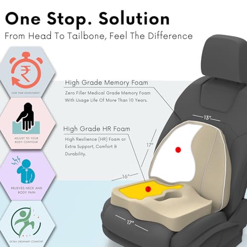 Image of Pillow Kit Memory Foam Back Support and Siting Cushion Ergonomic Adjust Sitting Position Relief Pain for Car or Office Chair. (Royal beigh, Spine Support)