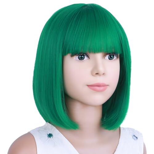 Image of PATTNIUM Kids Green Wig Child Green Bob Wig for Girls Colored Wigs Dark Green Bob Wig Cosplay Party Synthetic Wigs