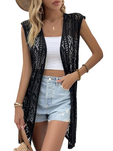 Milumia Women's Sleeveless Long Crochet Vest Open Front Cardigan Lightweight Knit Cover Up Sweater