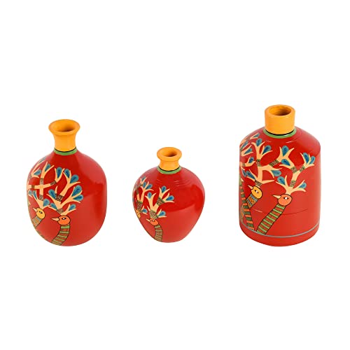 Image of Aakriti Art Creations Chirping Birds Terracotta Vase Set of 3 | Handmade Red Flower Vases | Matte Finish Floral Art Decorative Vases for Living Room, Table Decor & Gifting