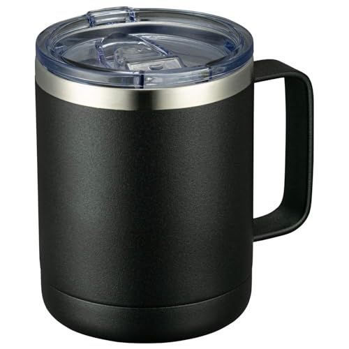 MEWAY 12oz Coffee Mug With Handle and Sliding Lid,Stainless Steel Travel Tumbler Cup with Handle,Double Wall Vacuum Insulated Camping Cup for Hot & Cold Drinks Tea (Black,Set of 1