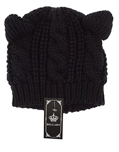 Bellady Kids Girls Cable Knit Children's Winter Hat Beanie With Cat Ear, Black_Child #TOP5