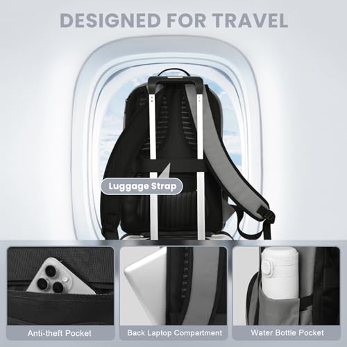 Laptop Backpack for Men, Mens Work Backpack, Bookbag for Men Women, Book Bag for School Teens, Travel Laptop Backpack Fits 15.6 Inch Notebook, Water Resistant Backpack with Luggage Strap (Grey) - Image 6