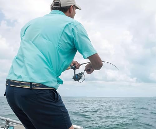 ZEP-PRO Dolphin Mahi Men's Woven Ribbon Belt – Mahi-Mahi Game Fish Ribbon With Navy Webbing and Tan Full Grain Leather Tabs – 1.25" Wide Outdoor Lifestyle Accessory, Size 344