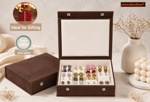Image of atorakushon Velvet Makeup Earring Storage Box Jhumka Organizer Holder Travel Wedding Set Box 12 Pair Earring Display Try Case Jewellery Box for Women Girls (Brown)