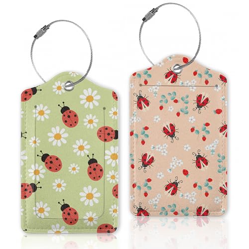 Ladybug and Strawberry Flowers Luggage Tags for Suitcase,Luggage Tag with Stainless Steel Loop Privacy Cover Id Label Travel Bag Luggage Identifiers for Women Men Travel,Set of 2