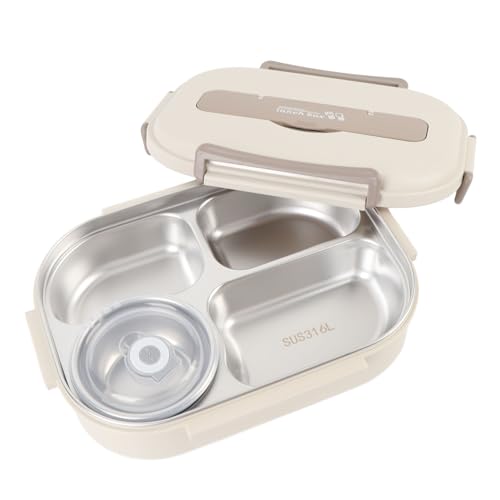 Fockety , 1500 ml, Recipiente para Comida de Acero Inoxidable con 4 Compartimentos, Juego de portátil con Cuenco para Sopa, Cuchara, Palillos y Bolsa térmica (Beige)