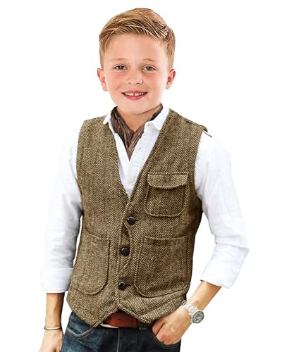 Retro Boys Tweed Vest for Kids Formal Dress Herringbone Suit Vest for Toddler Boy Wedding Waistcoat