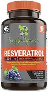 Resveratrol 1600mg per Serving of Organic Trans-Resveratrol & Potent Antioxidants, Pure Extra Strength Complex, Anti-Aging, Radiant Skin, Immunity Support- 90 Capsules- 45 Day Supply