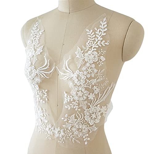 3D Flower Embroidery Lace Trim White Sequin Bead Floral Embroidered Sew On Applique Patches For Bridal Wedding Dress Gown Bodice Costume Craft Diy, 1 Pairs (White) #TOP1