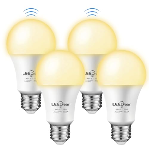 ILEEDear Bombilla LED E27 con Sensor de Movimiento Radar 5,8GHz, 11W Luz Cálida 3000K, para Terraza, Jardín, Entrada y Pasillo (4 Unidades)