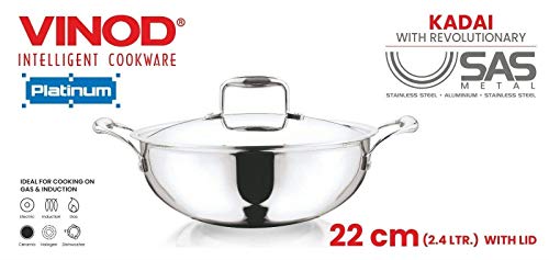 Vinod Platinum Induction Stainless Steel Tri Ply Extra DEEP Kadai Wok Saucepan | Size :- 18cms Extra Deep Kadai with Stainless Steel Lid - 1.1 LTR 1 Gallery Image