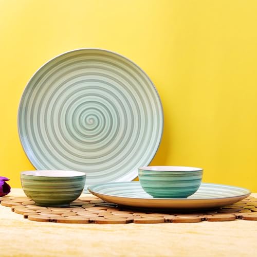 Image of Freakway Handcrafted 'Sea Swirls' Ceramic Dinner Set of 4 Pieces | 2 Ceramic Dinner Plates 10 Inches with 2 Serving Bowl Set | Microwave and Dishwasher Safe - Green