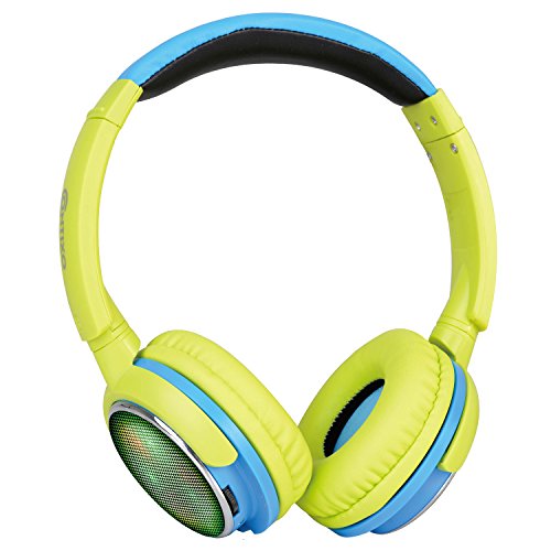 Contixo KB-300 Kid Safe Over The Ear Wireless Bluetooth LED Headphone w/Volume Limiter, Built-in Microphone, Micro SD, FM Stereo Radio (Green + Blue) - Best Gift