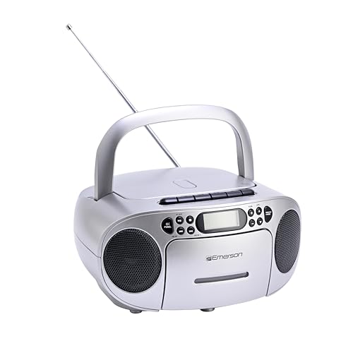 Emerson Portable CD Player Boombox with Cassette Player Combo, Tape Recorder, AM/FM Radio, AUX, Headphone Jack, Dual Speakers, AC/DC & Battery Operated - Stereo System for Home, Indoor & Outdoor Use