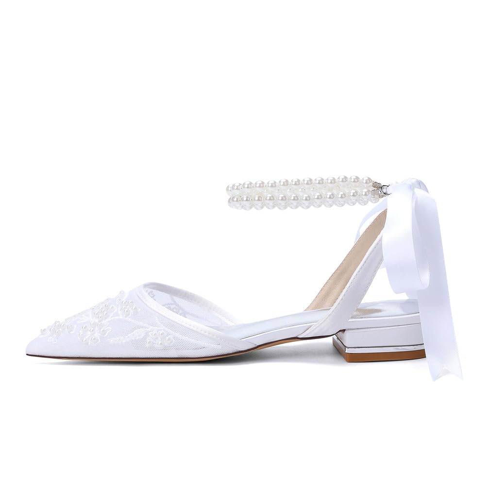 Generico Sandali Donna Sposa in Satin Pizzo Bassi Tacco Largo con Fiocco Ricamo Floreale Perle Cinturino alla Caviglia Scarpe Eleganti Matrimonio Festa