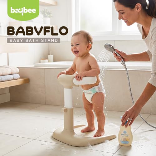 Image of BAYBEE Babyflo Shower Bath Stand for Baby for 0 - 3 Years for Kids | Baby Standing Bath Stand with Adjustable Height & Width | Foldable Kids Bathstand with Shower Holder & Anti-Slip Base (Beige)