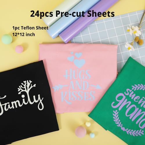 Image of HTVRONT Light Blue HTV Heat Transfer Vinyl Bundle: 24 Pack 12 inchx12 inch Iron on Vinyl Sheets for T-Shirt (1 PTFE Sheet Included), PU HTV Vinyl Easy to Cut & Weed for Heat Design