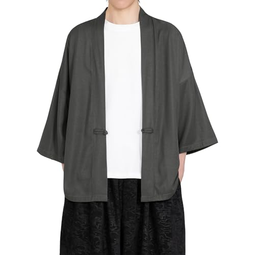 Image of Mens Kimono Cardigan Cotton Linen Japanese Shirt 3 /4 Sleeve Haori Yukata | Skin-Friendly Solid Color Lightweight Shawl Collar Kimono Robe Embroidery Button Tie Pockets Happi Coat All Season Daily Wear