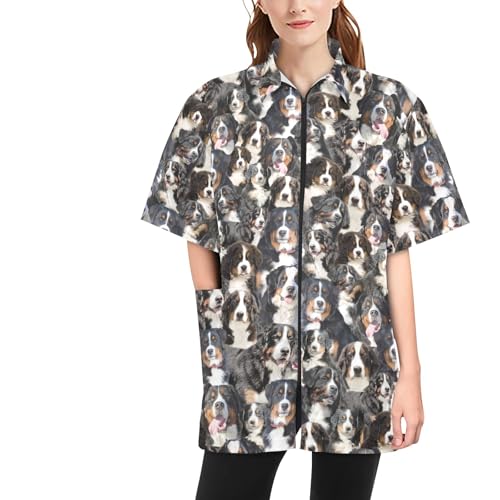 COWCUTE Pet Grooming Smocks Bernese Mountain Dog Print Work Clothes for Pet Groomer Barber, Waterproof Jackets for Women Men