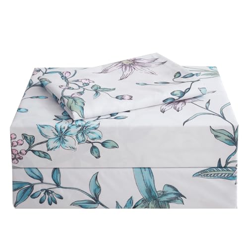 Image of JSD Pink Blue Floral Printed Twin Sheet Set Extra Deep Pocket | 3 Piece Soft Botanical Microfiber Sheets, OEKO-TEX Certified, Easy Care