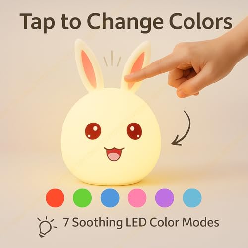 Image of TOYTONIC Silicone Rabbit Night Lamp - Cute LED Animal Light with Touch Sensor & 7-Color Changing, USB Rechargeable Bedside Lamp for Kids Bedroom, Baby Nursery Decor, Birthday & Diwali Gift