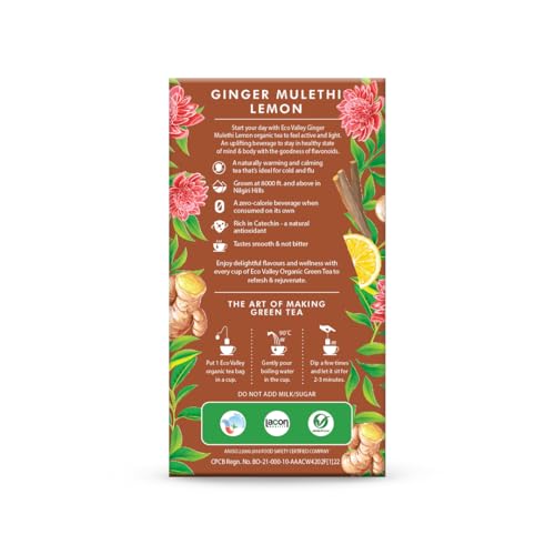 Eco Valley Organic Green Tea - Ginger Mulethi Lemon - 25 Tea Bags | Boost Energy, Helps Burn Body Fat, Low Calories | Grown In Nilgiris | Rich in Antioxidants | 50 grams, Pack of 1