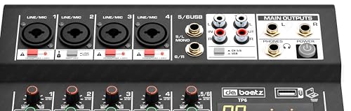 Image of Dabeatz Professional 6 Channel Mixer | XLR + TRS 6.35MM Input Ports | USB MP3 & BT Support |Delay & Repeat FX | Stereo Output |48V Phantom Power | Stereo Control Room, Aux, Headphone