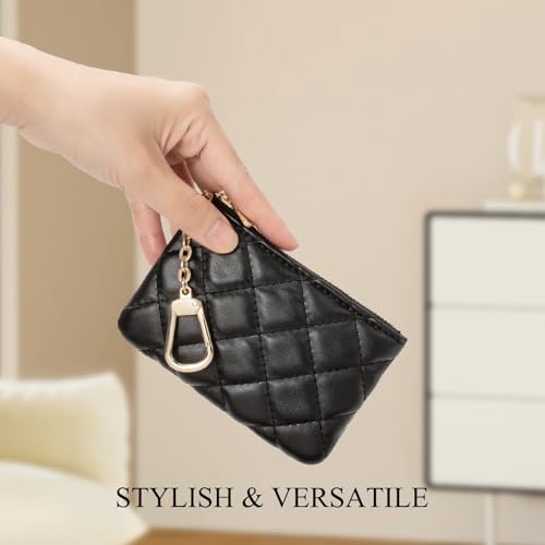 Quilted Leather Coin Purse with Keychain - Small Coin Pouch Key Pouch Small Card Holder Keychain Wallet Change Purse for Women and Men (Black)2