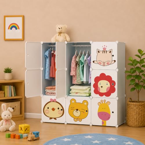 Image of Kids Plastic Modular Wardrobe Storage Cabinet | DIY Clothes Organizer Closet for Children | Multi-Compartment Foldable Storage Cupboard with Hanging Space | Pink Cartoon Design