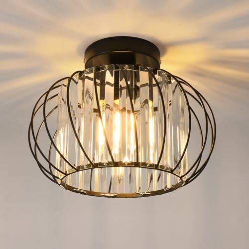ANWIO Lampadario Cristallo Nero, Lampadari Soggiorno Cristallo E27 con 1 Luce, Plafoniera con Cristalli Moderno, Lampadario con Paralume in Vetro Per Camere da Letto, 28 CM (Senza Lampadine) Kitchen