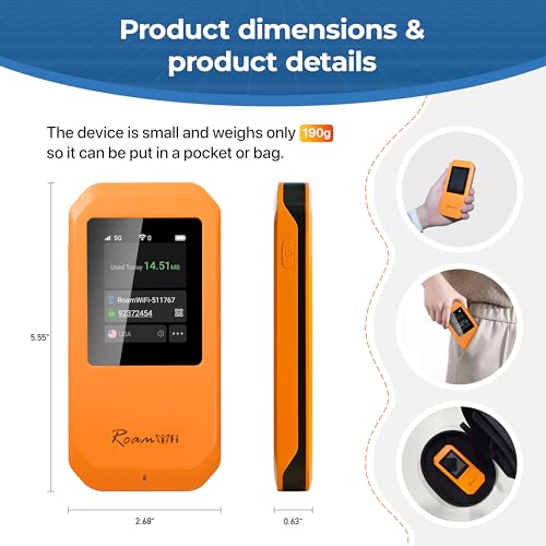 Image of RoamWiFi 5G Mobile Hotspot WiFi6-4nm Chip | 10GB US /CA /MX + 1GB Global Internet Data (170+ Countries) | High-Speed for 16 Devices | 5000mAh Battery, 20H Standby, USB3.1, No SIM Needed Travel Wi-Fi