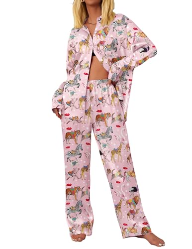 Ekouaer Womens Satin Silky Pajama Set 2 Piece Print PJs Soft Loungewear Button Down Sleepwear with Elastic Waist Long Pants