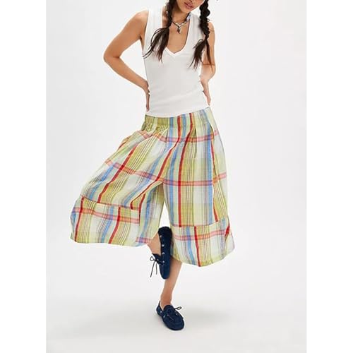 Women's Boho Plaid Culottes Knee Length Y2k Wide Leg Croppped Pants Casual Capri Palazzo Pants4