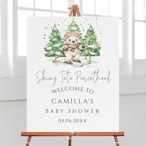 Skiing Into Parenthood Baby Shower Welcome Sign, Winter Baby Show...