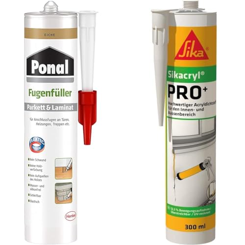 Ponal Parkett & Laminat Fugenfüller Eiche, elastische Fugenmasse & Sikacryl – Acryldichtstoff – Sikacryl PRO+ Weiß – 12,5% Bewegungsaufnahme