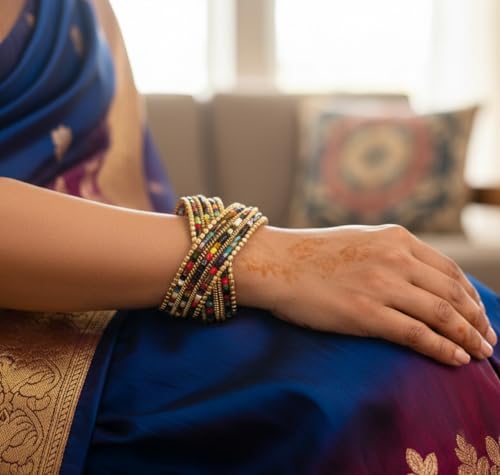 Image of Touchstone Indian Colorful Bead Bracelet Bollywood Beaten Metal Beads Openable Broad Cuff Bracelet in Gold or White Tone for Women.