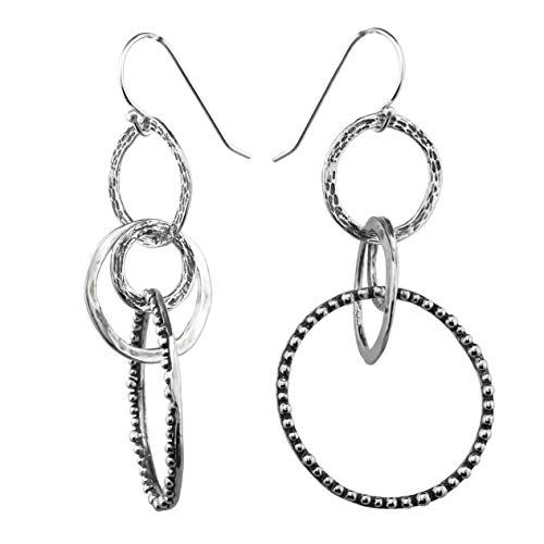 PZ Paz Creations .925 Sterling Silver Textured Circle Link Dangle Earrings (Sterling Silver)
