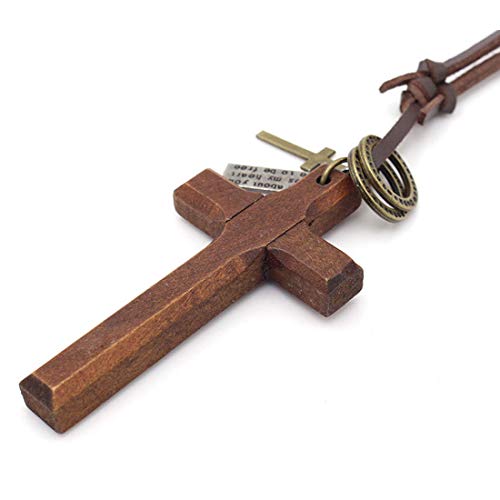 LNKRE JEWELRY Cross Necklace for Men with Leather Chain Vintage Look Wood Necklace2