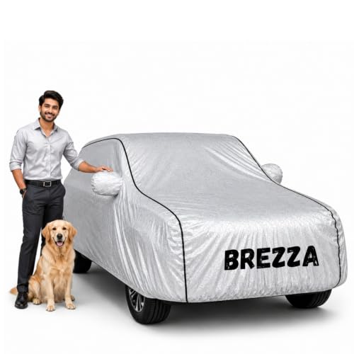 Image of Waterproof Car Cover for Brezza | Soft Cotton Lining Heavy Duty Triple Stitched Heat Resistant Outdoor Cover Comes with Mirror and Antenna Pocket Full Bottom Elastic (Zig Zag Silver)